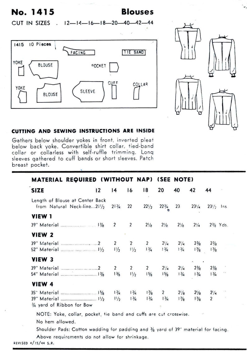 1940s Misses Blouses Hollywood 1415 Vintage Sewing Pattern - Etsy