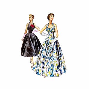 1950&#39;s Formal Cocktail Evening Gown Halter Empire Waist Dress McCalls 9662 Vintage Sewing Pattern Size 12 Bust 30