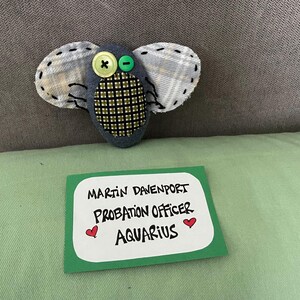 May include: A handmade fabric fly with plaid wings, a button eye, and a checkered body. A green and white card reads "MARTIN DAVENPORT PROBATION OFFICER AQUARIUS" with red heart accents. The fly is on a green surface.