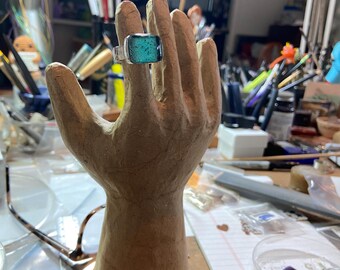 Size 8 1/2 Handmade Sterling Silver Ring with Artisan Blue Teal Glass Cabochon