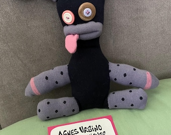 Handmade Sock Monster Plush Toy – Navy Blue, Purple Polka Dots, Bikini Designer Agnes Urbino