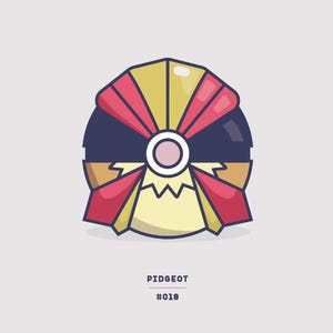 May include: A stylized illustration of Pidgeot, a Pokemon, in a Pokeball. The Pokemon is yellow, red, and black with a pink circle in the center. The text "PIDGEOT #018" is below the image.