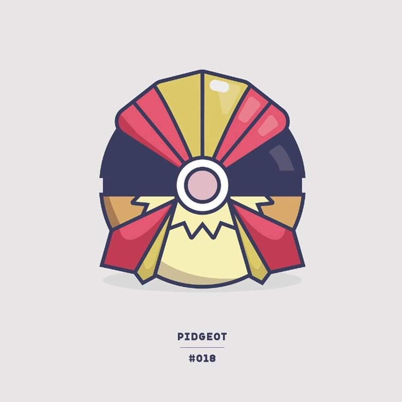 May include: A stylized illustration of Pidgeot, a Pokemon, in a Pokeball. The Pokemon is yellow, red, and black with a pink circle in the center. The text "PIDGEOT #018" is below the image.