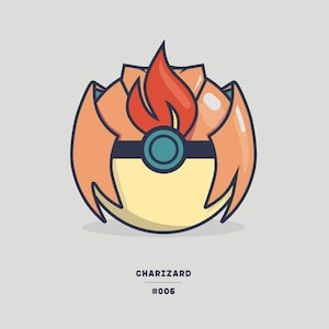 May include: A stylized illustration of a Pok&eacute; Ball with a fiery orange and yellow design. The Pok&eacute; Ball has a black band around the middle and a blue center. The text "CHARIZARD #006" is below the image.