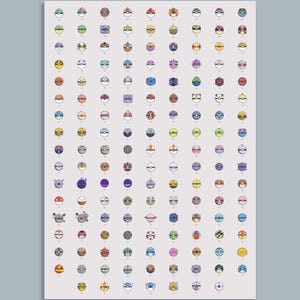 May include: A chart of different colored Poke Balls with various Pokemon characters inside. The Poke Balls are arranged in rows and columns on a white background.