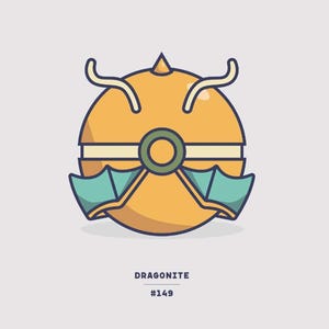 May include: A cartoon illustration of Dragonite, a yellow Pokemon with green wings and a red spike on its head. The text "Dragonite #149" is below the image.