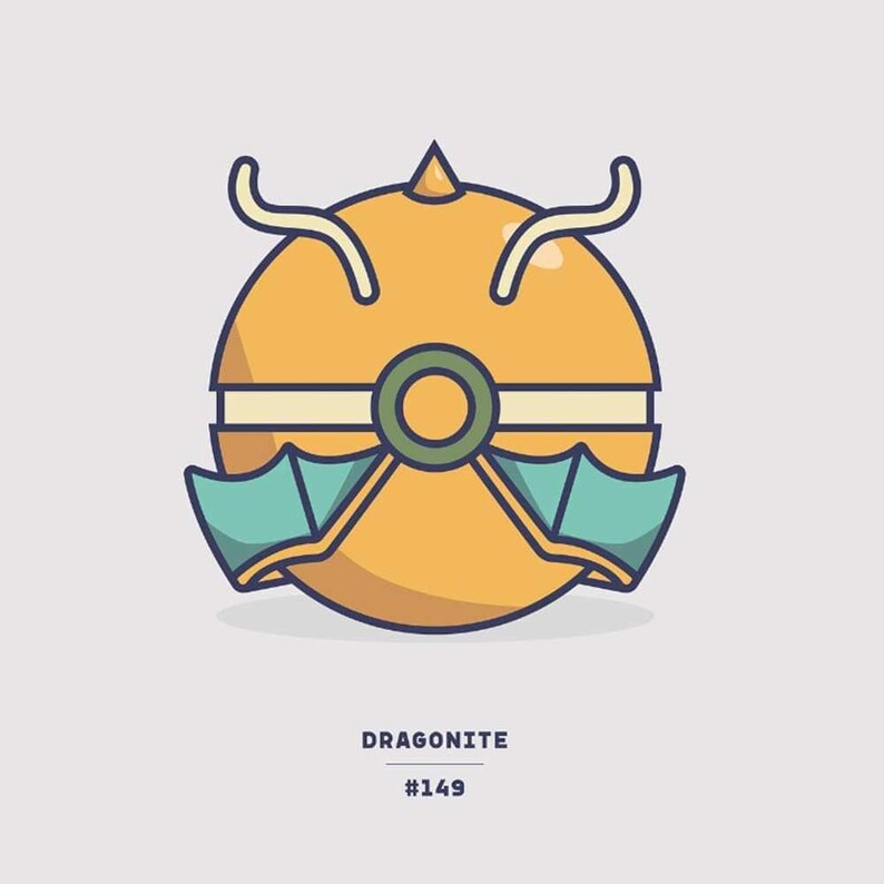 May include: A cartoon illustration of Dragonite, a yellow Pokemon with green wings and a red spike on its head. The text "Dragonite #149" is below the image.