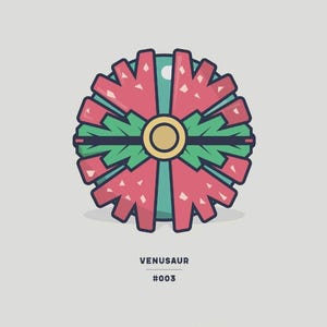 May include: A stylized illustration of a green and red Pokeball with the text "VENUSAUR #003" below it.