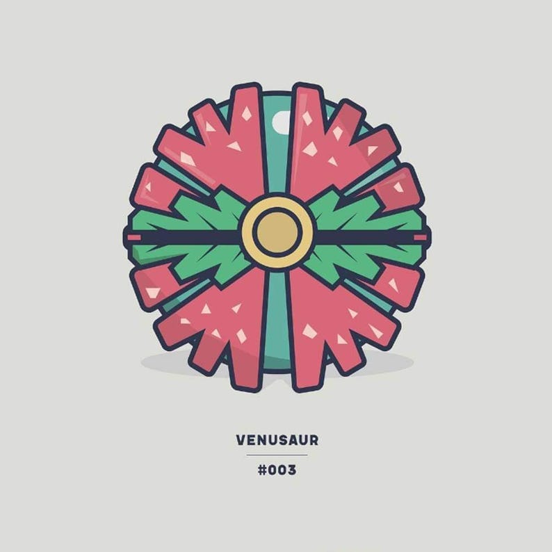 May include: A stylized illustration of a green and red Pokeball with the text "VENUSAUR #003" below it.