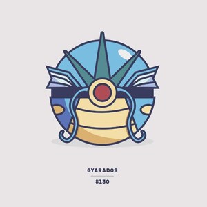 May include: A blue and yellow Poke Ball with a green and white star-shaped design on top. The text "GYARADOS #130" is below the Poke Ball.