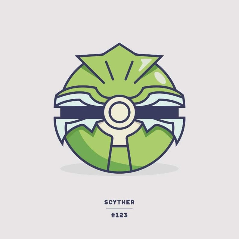 May include: A green and blue Poke Ball with a white circle in the center. The Poke Ball has a green, leaf-like design on the top. The text "SCYTHER #123" is below the Poke Ball.