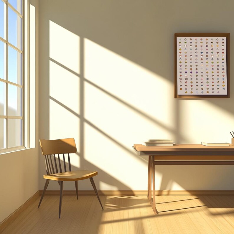 May include: A wooden desk with a chair in a room with a window and a framed print on the wall. The desk has a light wood finish and is topped with books and a pen holder. The chair is made of wood and has a light brown finish. The window is open and lets in natural light. The framed print is on the wall and features a grid of colorful squares.