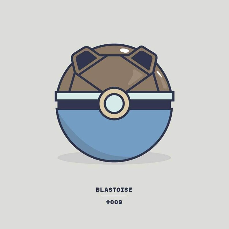 May include: A blue and brown Poke Ball with a brown turtle shell on top. The text "BLASTOISE #009" is below the Poke Ball.