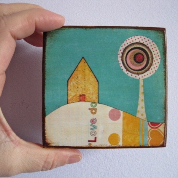 little house on the hill.  collage print on wood 3.5 x 3.5 inches.