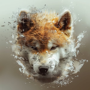 Pixelierter Akita-Hund-Fotodruck – modernes KI-Kunstwerk für Hundeliebhaber