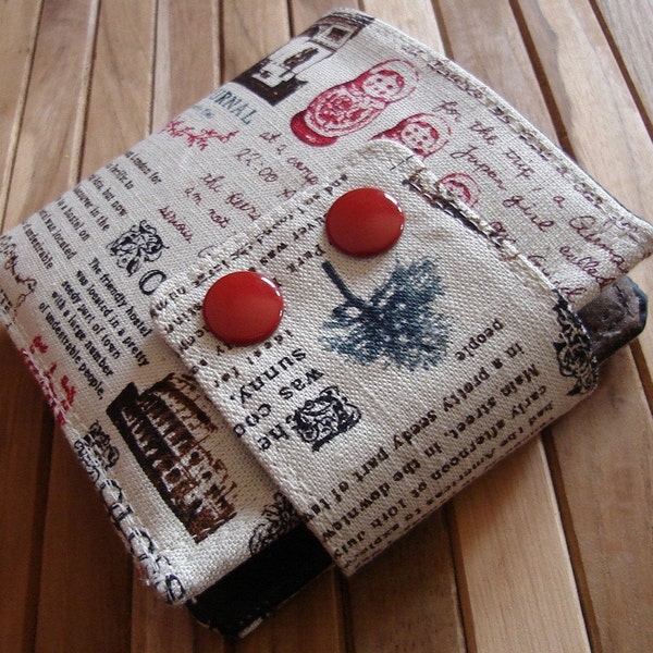 Handmade ladies wallet -  red double snap wallet - newsprint wallet - billfold wallet