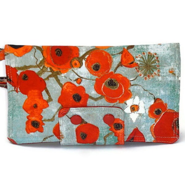 Women's Iphone 5 wallet - galaxy wristlet - red poppy fabric - floral clutch - wristlet clutch - Bridal gift - maid of honor gift