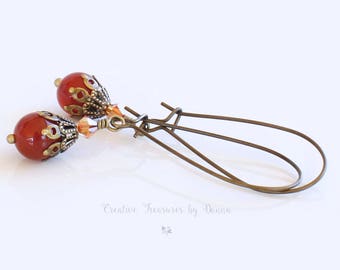 Carnelian Gemstone, Brass Earrings, Premium Crystals, Orange Earrings, Victorian Style, Edwardian Style, Rustic Earrings, Everyday Earrings