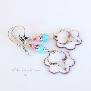 Sterling Silver Earrings, Southwest Earrings, Turquoise Gemstones, Pink Coral Gemstones, Western Jewelry, Cow Skulls Charms, Enamel Charms