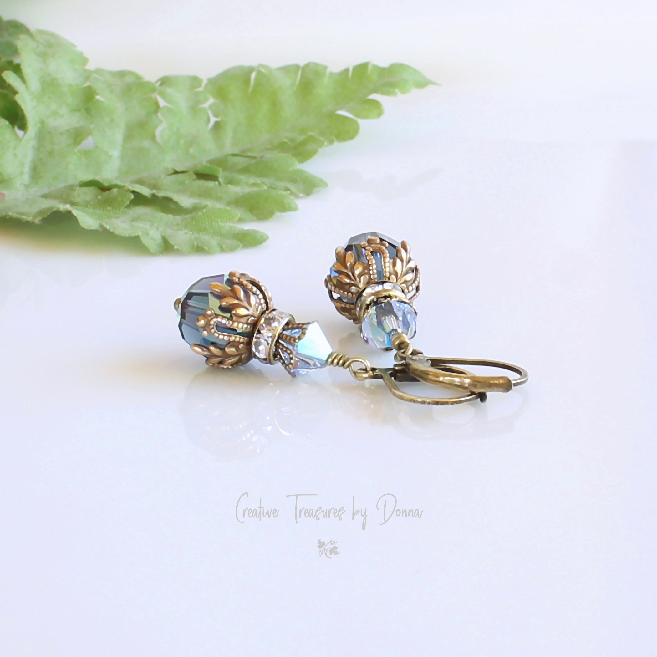 Blue Brass Earrings, Brass Earrings, European Crystals, Victorian ...