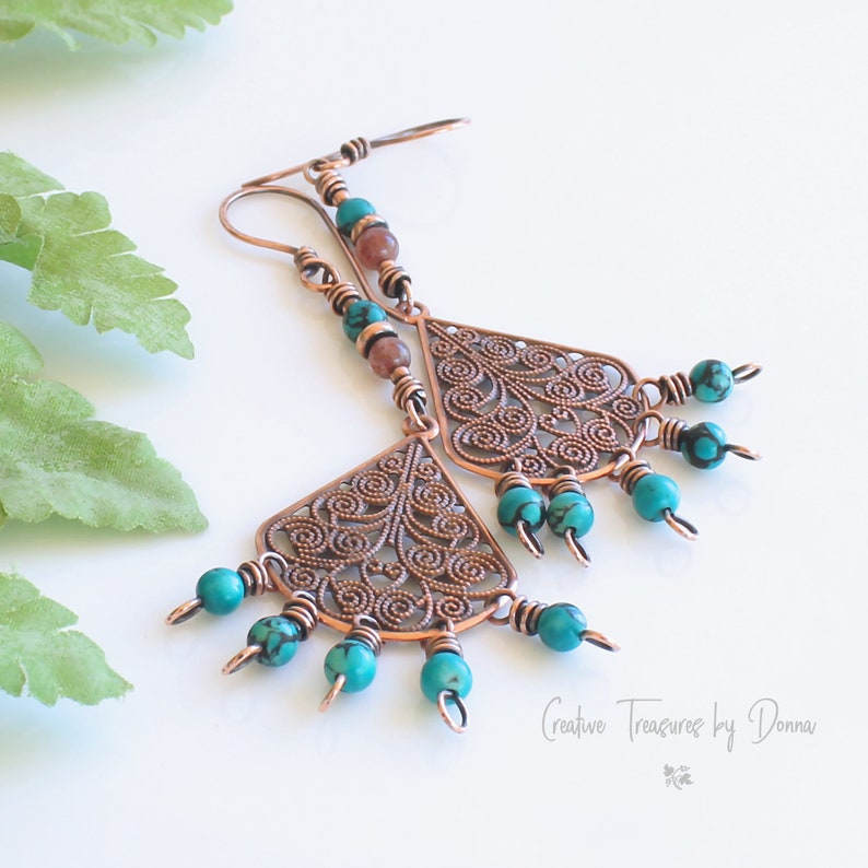 Copper Earrings Rustic Earrings Southwest Earrings Gift For Her Sunstones Chandelier Earrings Turquoise Gemstones Copper Filigree Fan