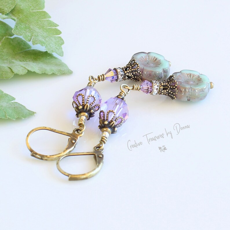 Czech Glass Hawaiian Flowers, Violet Premium Crystals, Brass Earrings