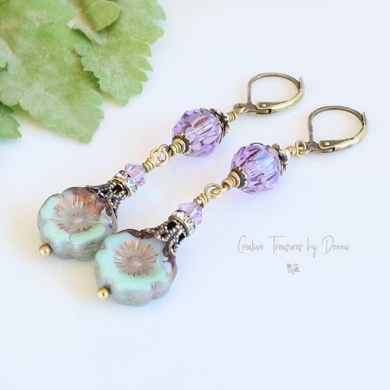 Czech Glass Hawaiian Flowers, Violet Premium Crystals, Brass Earrings