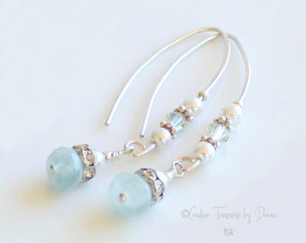 Aquamarine Gemstones, Sterling Silver Earrings, Fine Glass Pearls, Crystals, Rhinestone Spacers, Wedding Jewelry, Bride Earrings