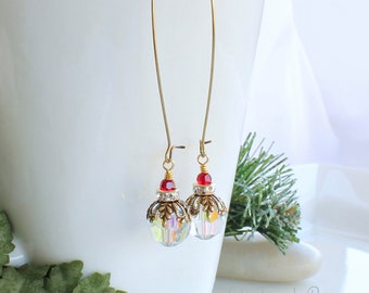 Crystal Earrings, Brass Earrings, Premium Crystals, Gold Rhinestone Spacers, White Red Earrings, Victorian Earrings, Wedding Earrings