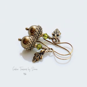 Acorn Earrings: Brass, Swarovski Crystal Pearls, Oak Leaf Dangles