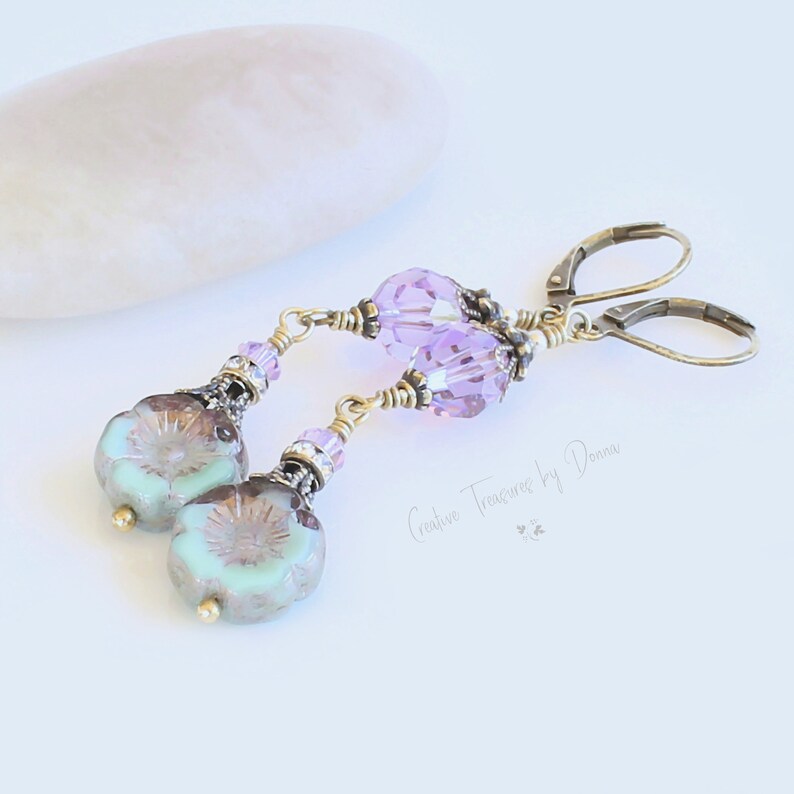 Czech Glass Hawaiian Flowers, Violet Premium Crystals, Brass Earrings