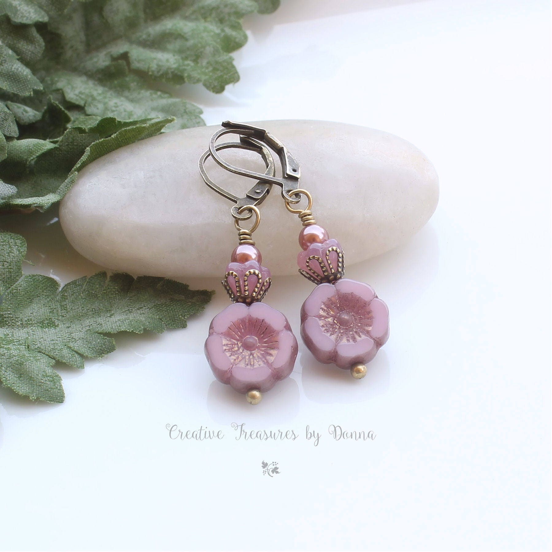 Pink Hawaiian Pansy Flowers Brass Earrings Pink Czech Glass - Etsy