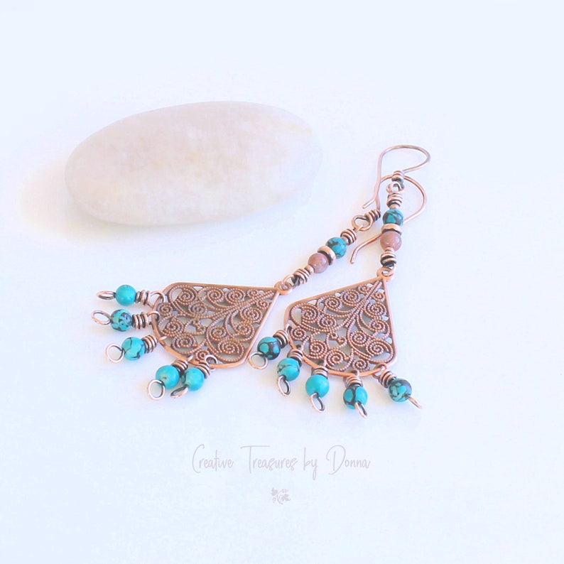 Copper Earrings Rustic Earrings Southwest Earrings Gift For Her Sunstones Chandelier Earrings Turquoise Gemstones Copper Filigree Fan