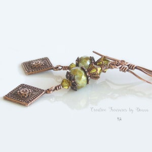 Copper Earrings, Lime Green, Premium Cut Crystals, Czech Glass Beads, Victorian Style, Diamond Copper Charms, Gift For Her, Boho Earrings