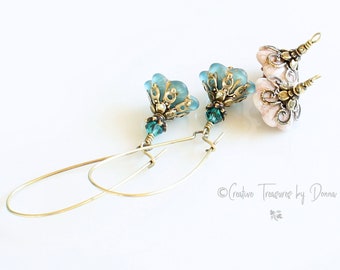 Turquoise Flower Brass Earrings, Pink Flower Earrings, Premium Crystals, Hippie Jewelry, Victorian Earrings, Flower Jewelry, Ctbydonna