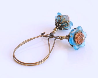 Blue Bell Flower Earrings, Brass Earrings, Czech Glass Flowers, Victorian Style, Flower Earrings, Turquoise Flowers, Peach Glass Beads