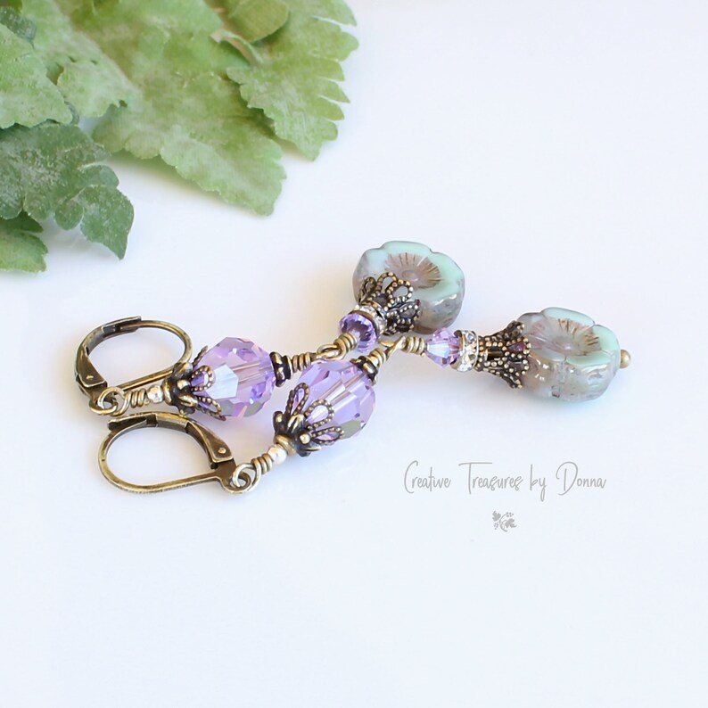 Czech Glass Hawaiian Flowers, Violet Premium Crystals, Brass Earrings