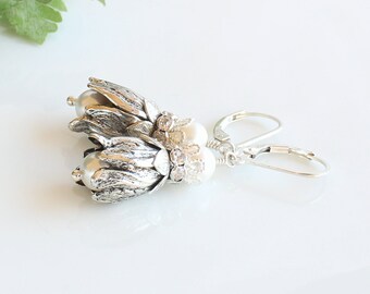 Tulip Earrings, Sterling Silver, Rhinestone Spacers, Premium