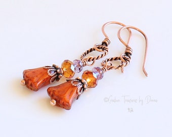 Orange Tulip Flowers, Copper Earrings, Premium Crystals, Czech Glass Crystals, Orange Flowers, Boho Earrings, Gift For Her, Fall Earrings