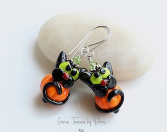 Black Cat Earrings, Pumpkin Earrings, Onyx Gemstones, Sterling Silver, Lampwork Glass, Halloween Jewelry, European Crystals, Orange Black