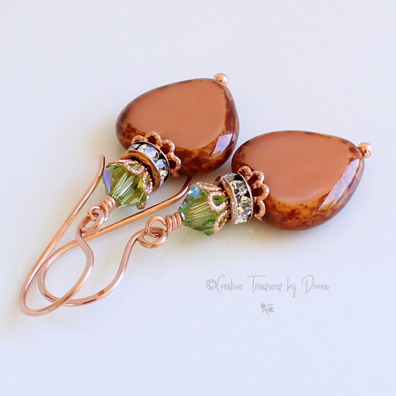 Cybydonna Pink Heart Earrings Czech Hearts Copper Jewerly | Etsy