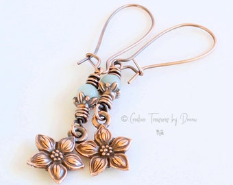 Copper Flower Earrings, Amazonite Gemstones, Star Jasmine Flowers, Boho Earrings, Gemstone Jewelry, Bohemian Flower Earrings, Ctbydonna