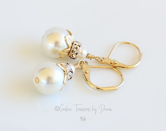 Pearl Earrings, Glass Pearls, Gold Earrings, Rhinestone Spacers, Victorian Earrings, Pearl Jewelry, Holiday Jewelry, Wedding Jewelry