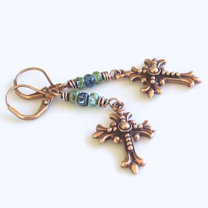 Copper Earrings, Celtic Copper Crosses, Czech Glass Beads, Cross Earrings, Religious Jewelry, Tierra Cast Crosses, Blue Green Glass Beads
