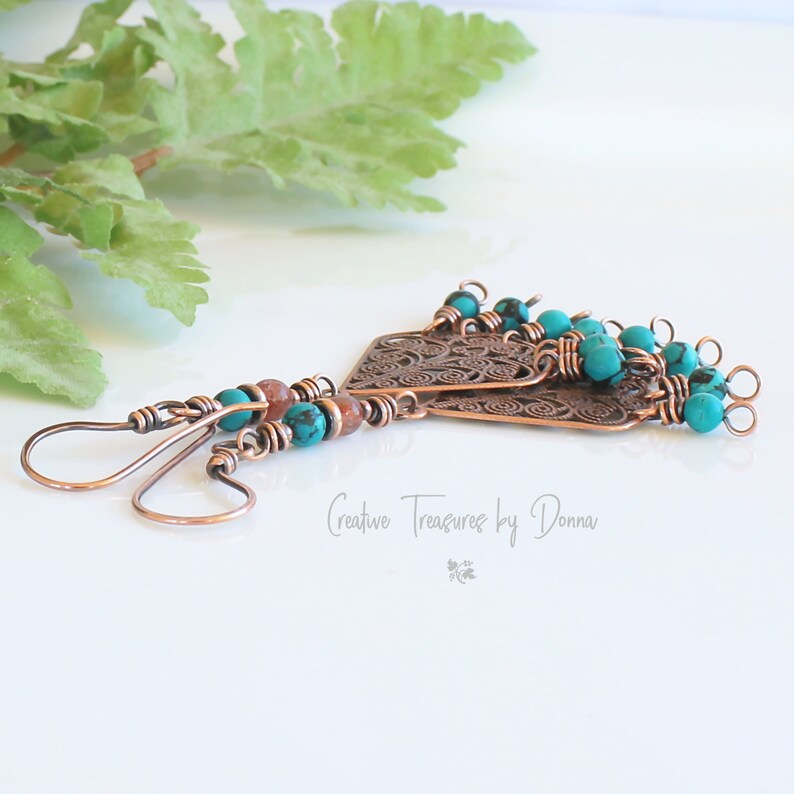 Copper Earrings Rustic Earrings Southwest Earrings Gift For Her Sunstones Chandelier Earrings Turquoise Gemstones Copper Filigree Fan