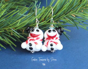 Snowmen Earrings, Sterling Silver, European Crystals, Glass Lampwork, Whimsical Snowmen, Stocking Stuffer, Hostess Gift, Teacher Gift