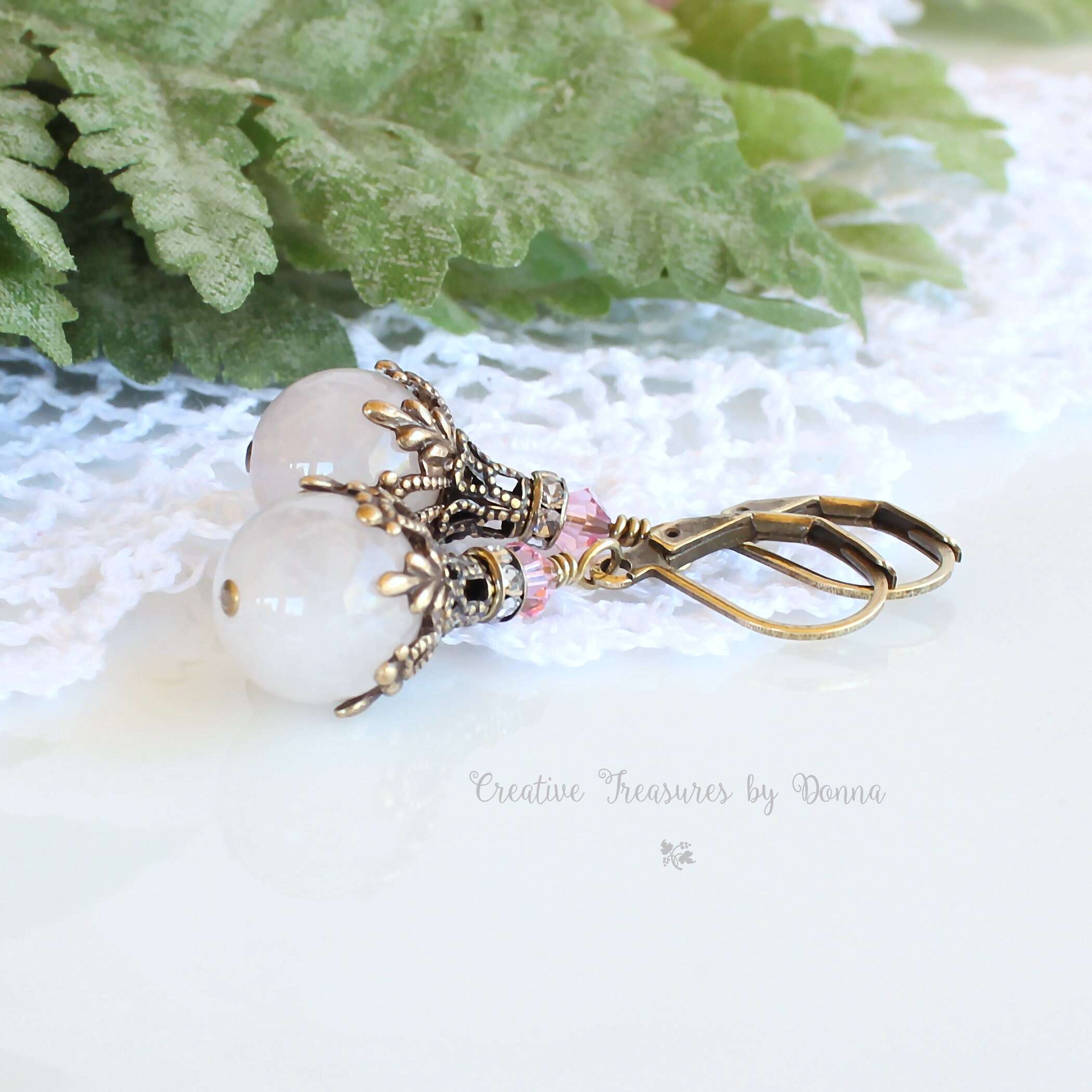 Rose Quartz Gemstone Earrings, Brass Earrings, European Crystals, Rhinestone Spacers, Victorian ...