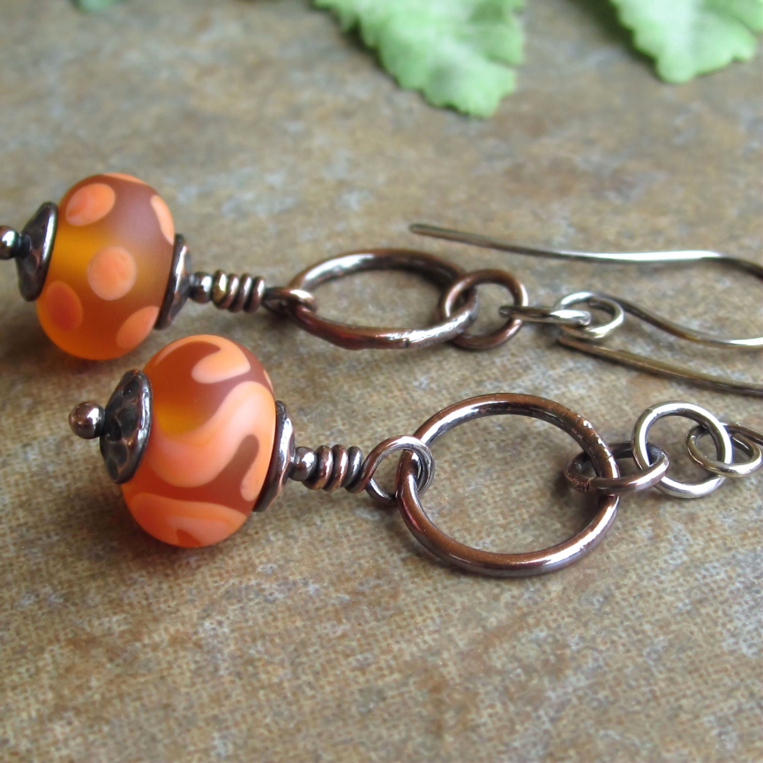 Orange Copper Earrings Lampwork Glass Beads Copper Hoops Sterling ...