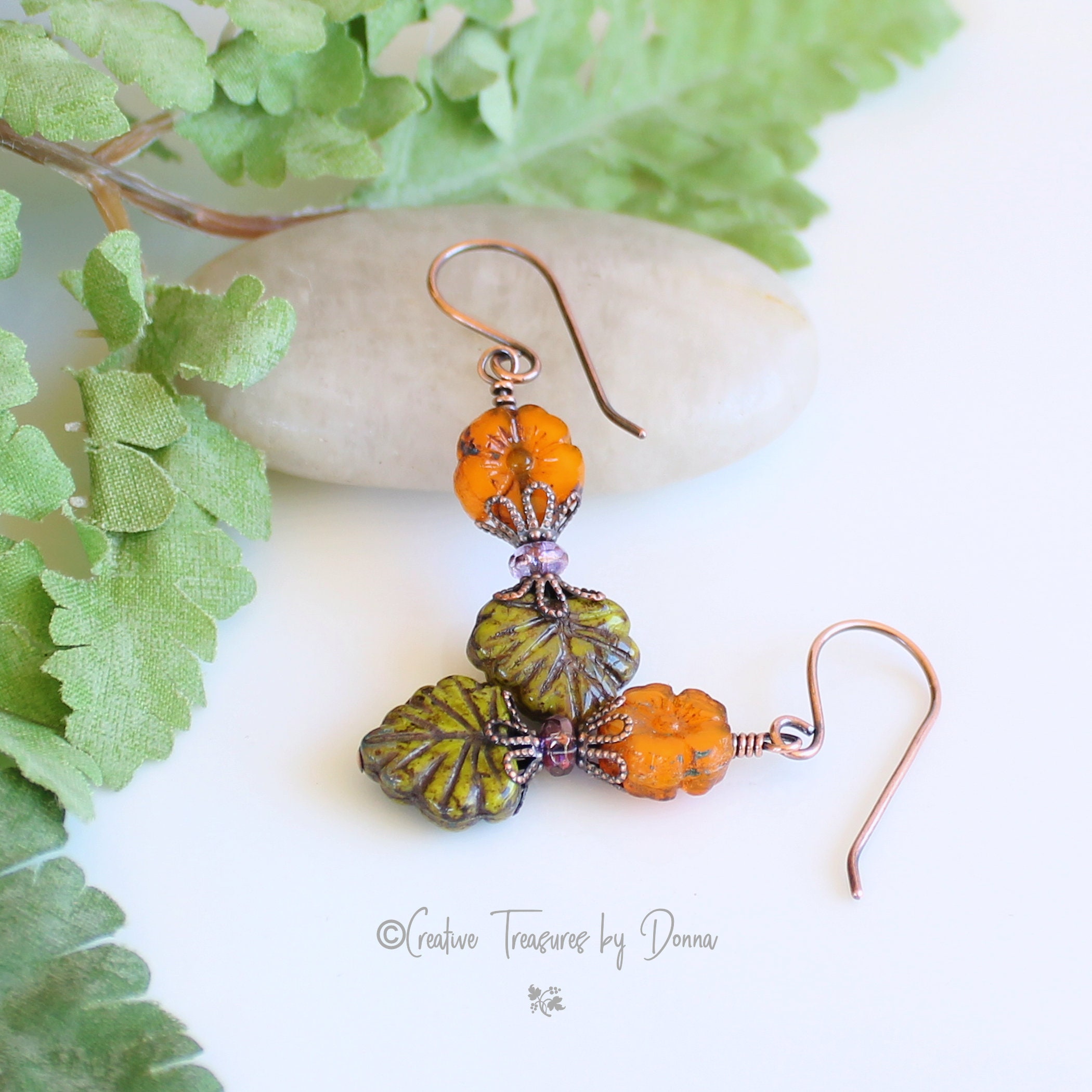 Green Leaves Orange Flowers Czech Glass Copper Earrings - Etsy