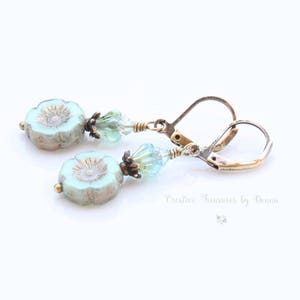 Green Brass Earrings, Mint Green Czech Hawaiian Flowers, Blue Green, Glass Bell Flowers, European Cut Crystals, Boho Earrings, Gift For Her